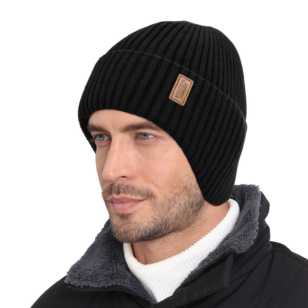 WMCAPS black fleece-lined beanie with fold-down ear flaps